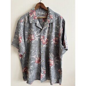 Batik Bay Mens XL Hawaiian Shirt Gray & Pink Floral Button Up 100% Silk Beach